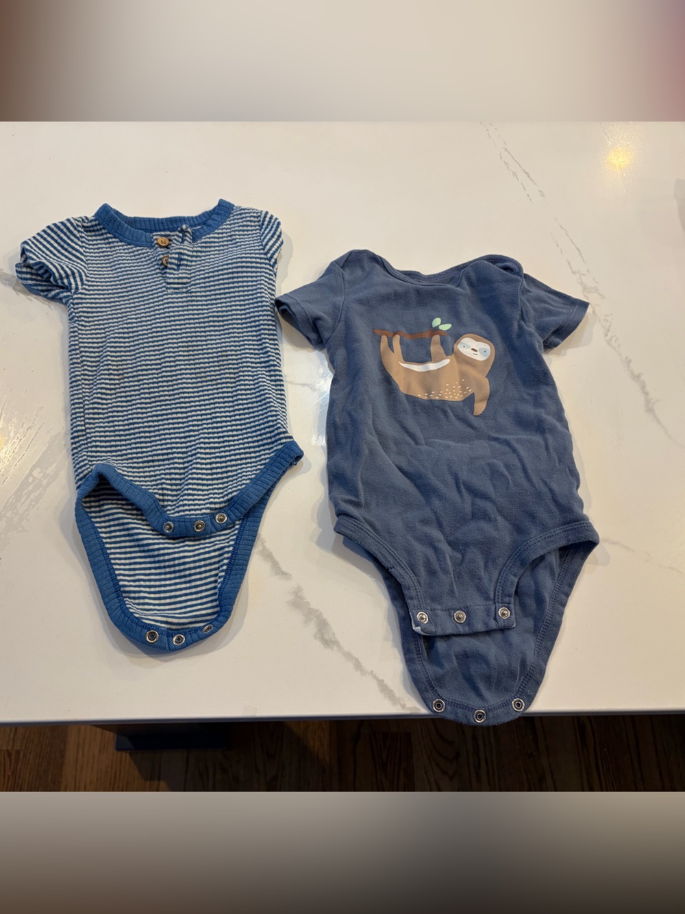 Baby Blue Striped & Sloth Graphic Onesies - 12M